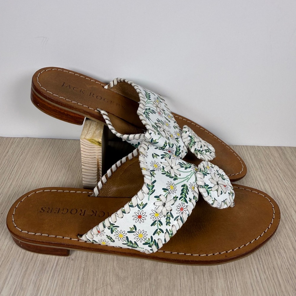 Sandals Jack Rogers Womens 8 White Daisy Floral Print Leather Whipstitch Jacks